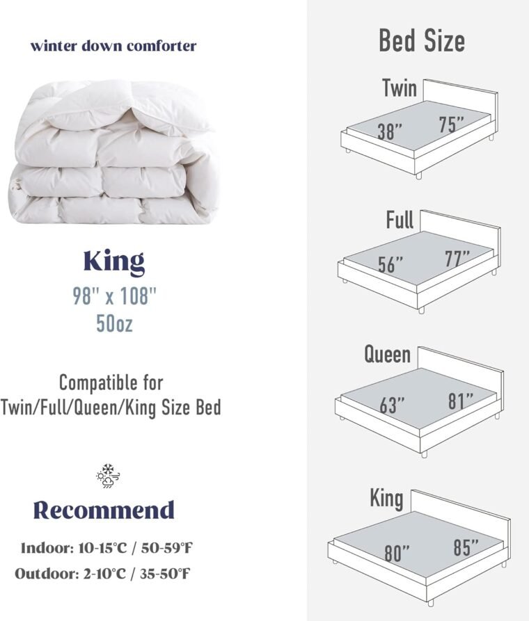 puredown® Goose Down Comforter King Size, 800 Fill Power, 100% Βαμβάκι Winter Oversized πουπουλένιο πάπλωμα ένθετο 700 κλωστές, Heavyweight Cloud Fluffy Pinch Pleat Extra Warmth - Image 6