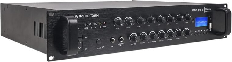 Εμπορικός ενισχυτής ισχύος 6 ζωνών Sound Town 360W 70V/100V με Bluetooth, αλουμίνιο, για εστιατόρια, σαλόνια, μπαρ, παμπ, σχολεία και αποθήκες (PAC360-6)