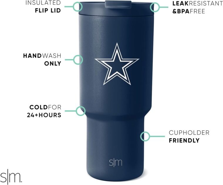 Simple Modern Επίσημη Άδεια NFL Dallas Cowboys 30 ουγκιών ποτήρι με καπάκι και καλαμάκια | Μονωμένο κύπελλο από ανοξείδωτο χάλυβα | Δώρα για Άνδρες Γυναίκες | Συλλογή Trek | Ντάλας Κάουμπόις - Image 2