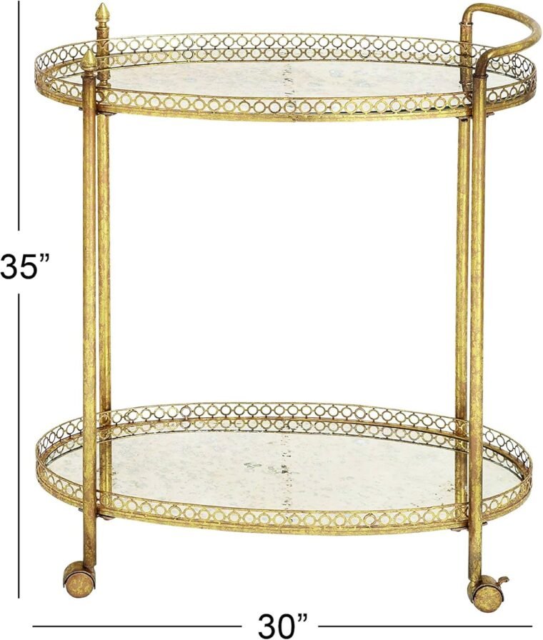 Deco 79 Metal Rolling Oval 2 Mirrored Ralf Bar Cart with Vintage Inspired Details, 30" x 16" x 35", χρυσό - Image 5