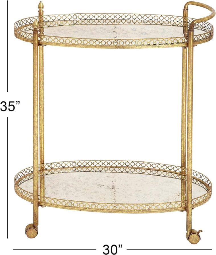 Deco 79 Metal Rolling Oval 2 Mirrored Ralf Bar Cart with Vintage Inspired Details, 30" x 16" x 35", χρυσό - Image 3