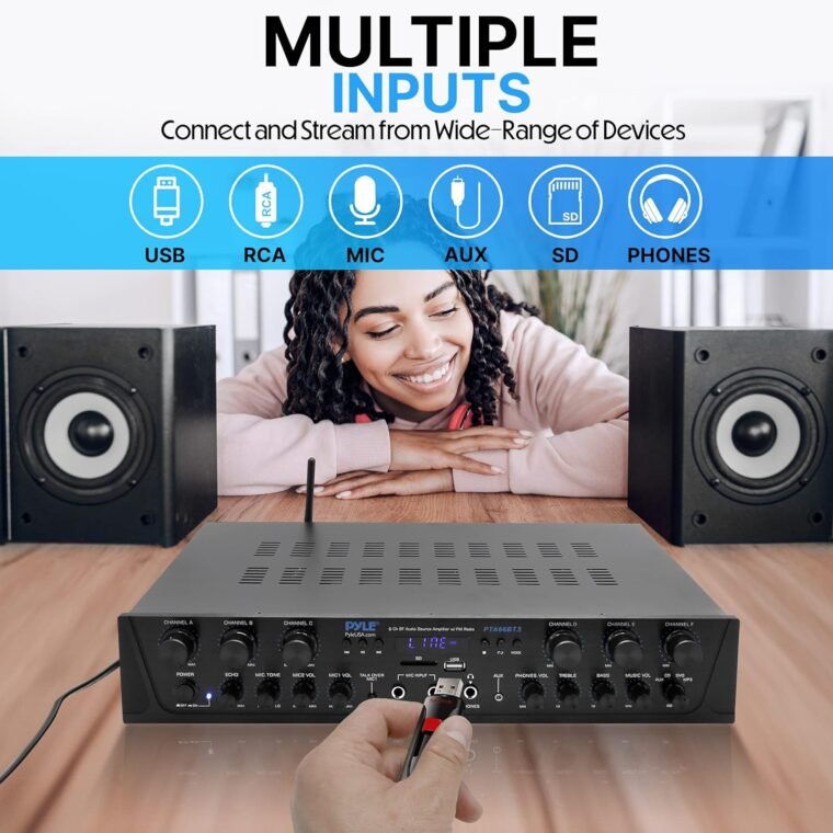 Pyle Wireless Home Audio Amplifier System-Συμβατός Bluetooth Stereo Receiver Amp - 6 Channel Power 600 Watt, Digital LCD, Headphone Jack, Microphone 1/4'' in USB SD AUX RCA FM Radio-PTA66BT.5 - Image 5