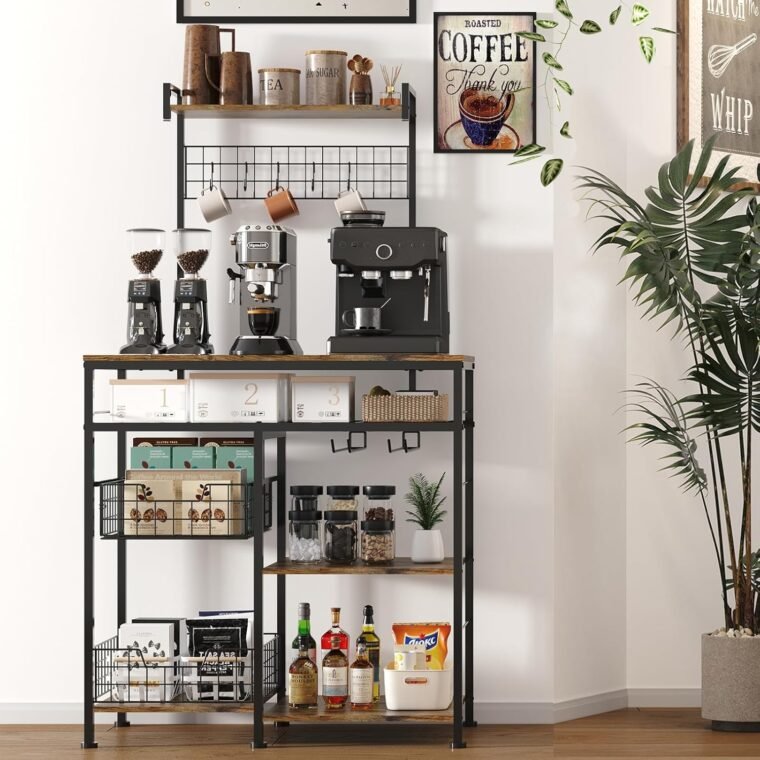 Ντουλάπι Coffee Bar Farmhouse - Μπουφές Μπουφέ 31" με 8 γάντζους και αφαιρούμενο συρόμενο καλάθι αποθήκευσης - Ιδανικό για κουζίνα, τραπεζαρία και σαλόνι - Ρουστίκ καφέ - Image 9