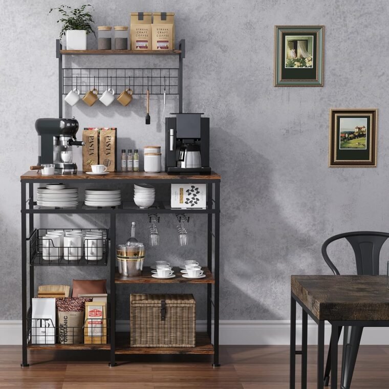 Ντουλάπι Coffee Bar Farmhouse - Μπουφές Μπουφέ 31" με 8 γάντζους και αφαιρούμενο συρόμενο καλάθι αποθήκευσης - Ιδανικό για κουζίνα, τραπεζαρία και σαλόνι - Ρουστίκ καφέ - Image 4