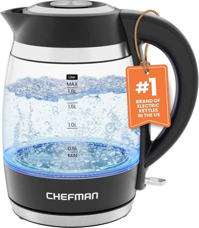 Chefman Ηλεκτρικός βραστήρας, 1,8L 1500W, Λέβητας ζεστού νερού, Αφαιρούμενο καπάκι για εύκολο καθάρισμα, αυτόματη απενεργοποίηση, προστασία από βρασμό, φίλτρο από ανοξείδωτο χάλυβα, χωρίς BPA, Ηλεκτρικός βραστήρας τσαγιού από βοριοπυριτικό γυαλί