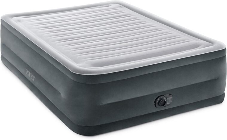 INTEX 64417ED Dura-Beam Deluxe Comfort-Plush Αερόστρωμα Ψηλής Ανύψωσης: Fiber-Tech – Queen Size – Ενσωματωμένη ηλεκτρική αντλία – Ύψος κρεβατιού 22 ιντσών – Χωρητικότητα βάρους 600 λίβρες, Γκρι