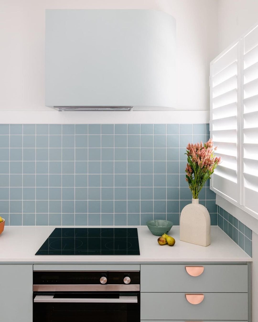 Aqua πλακάκι backsplash σε λευκή κουζίνα με ντουλάπια μέντα