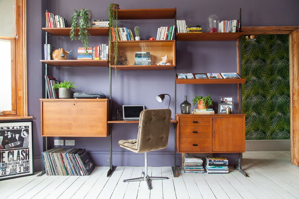 midcentury modern living room home office