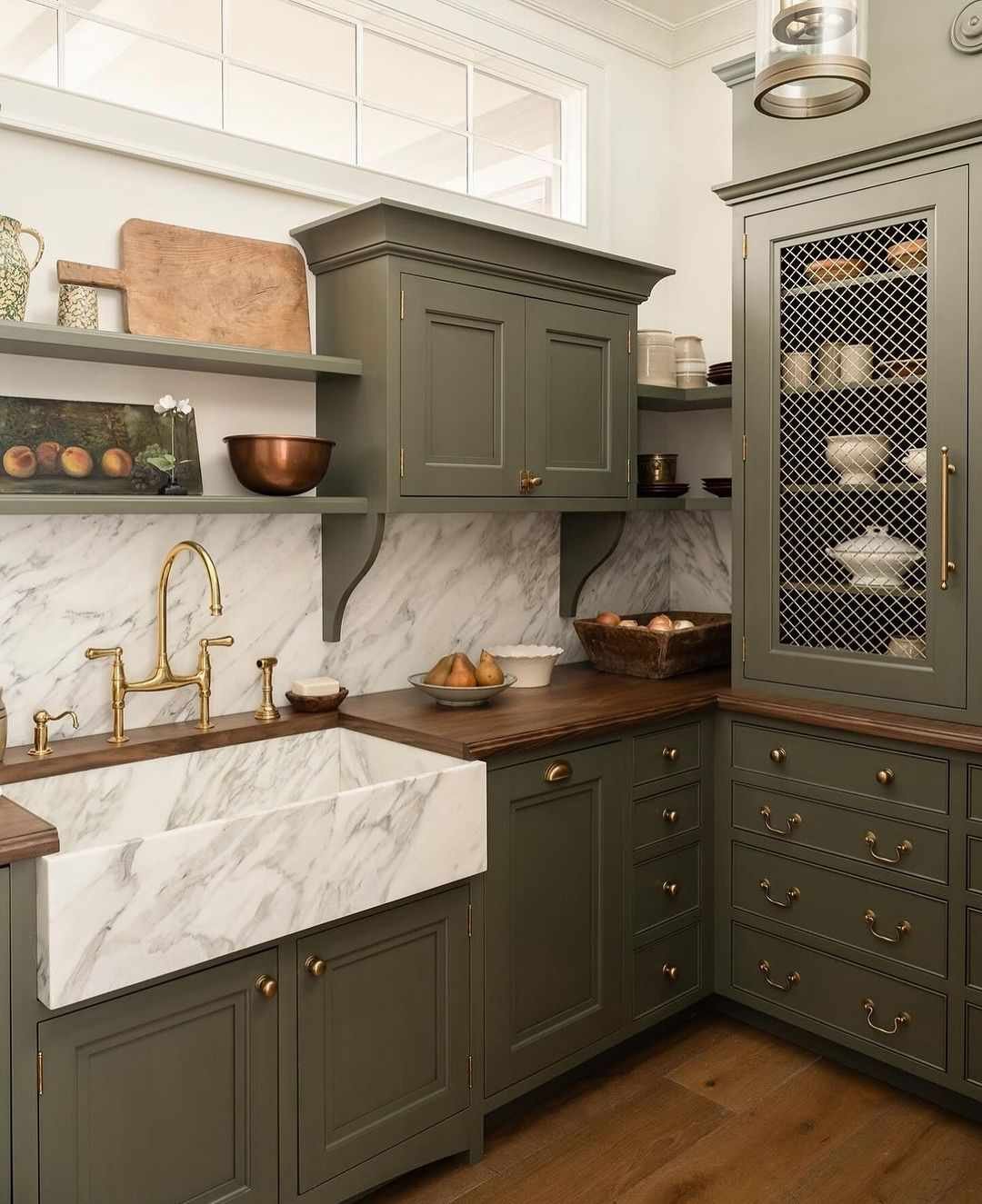 green cabinets with webbing
