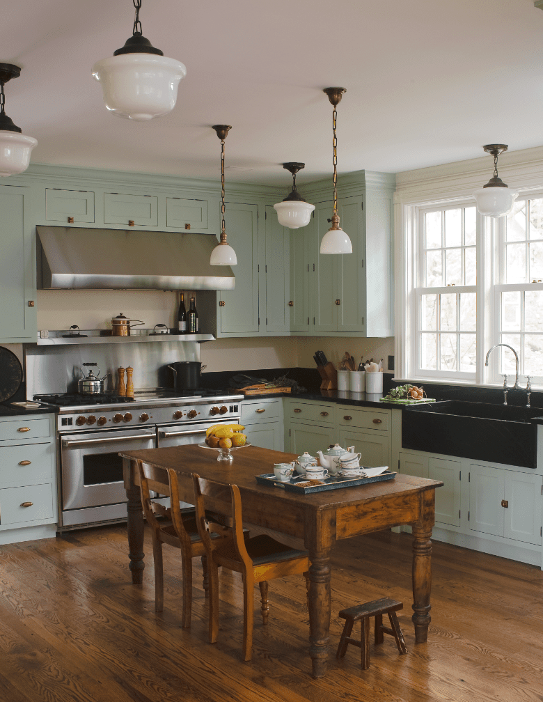 light green cabinets with wooden island