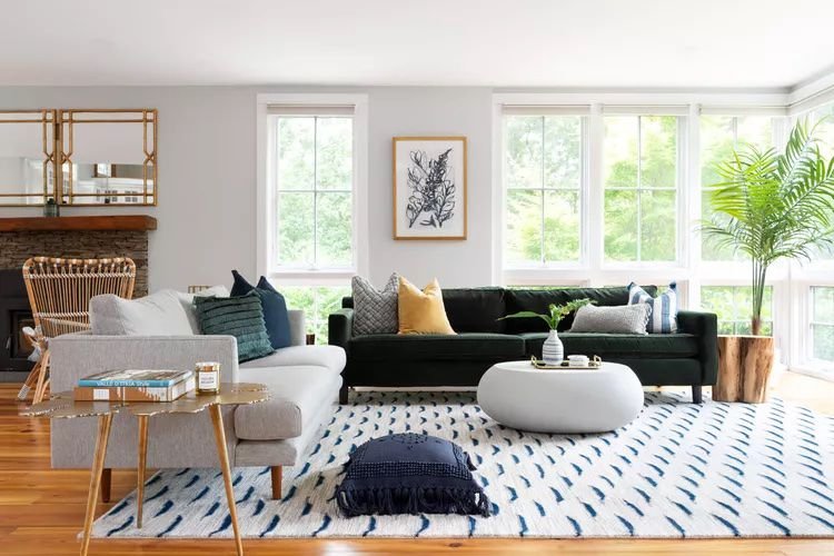 Mid-century modern living room in blue and green.