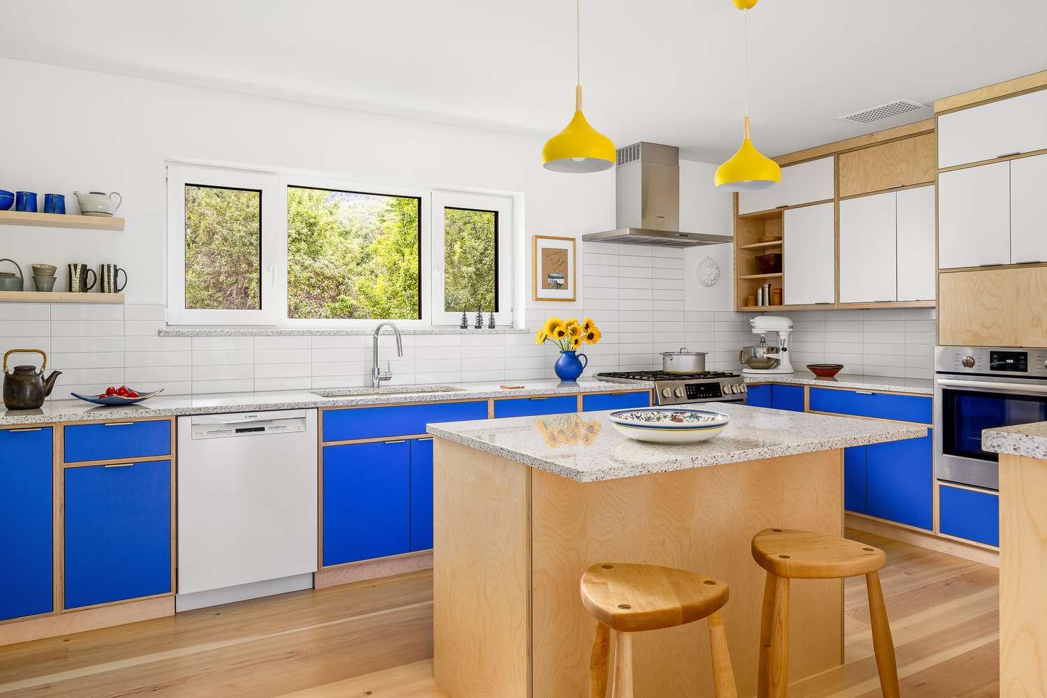 Kitchen with bright primary colors mid-century modern design.