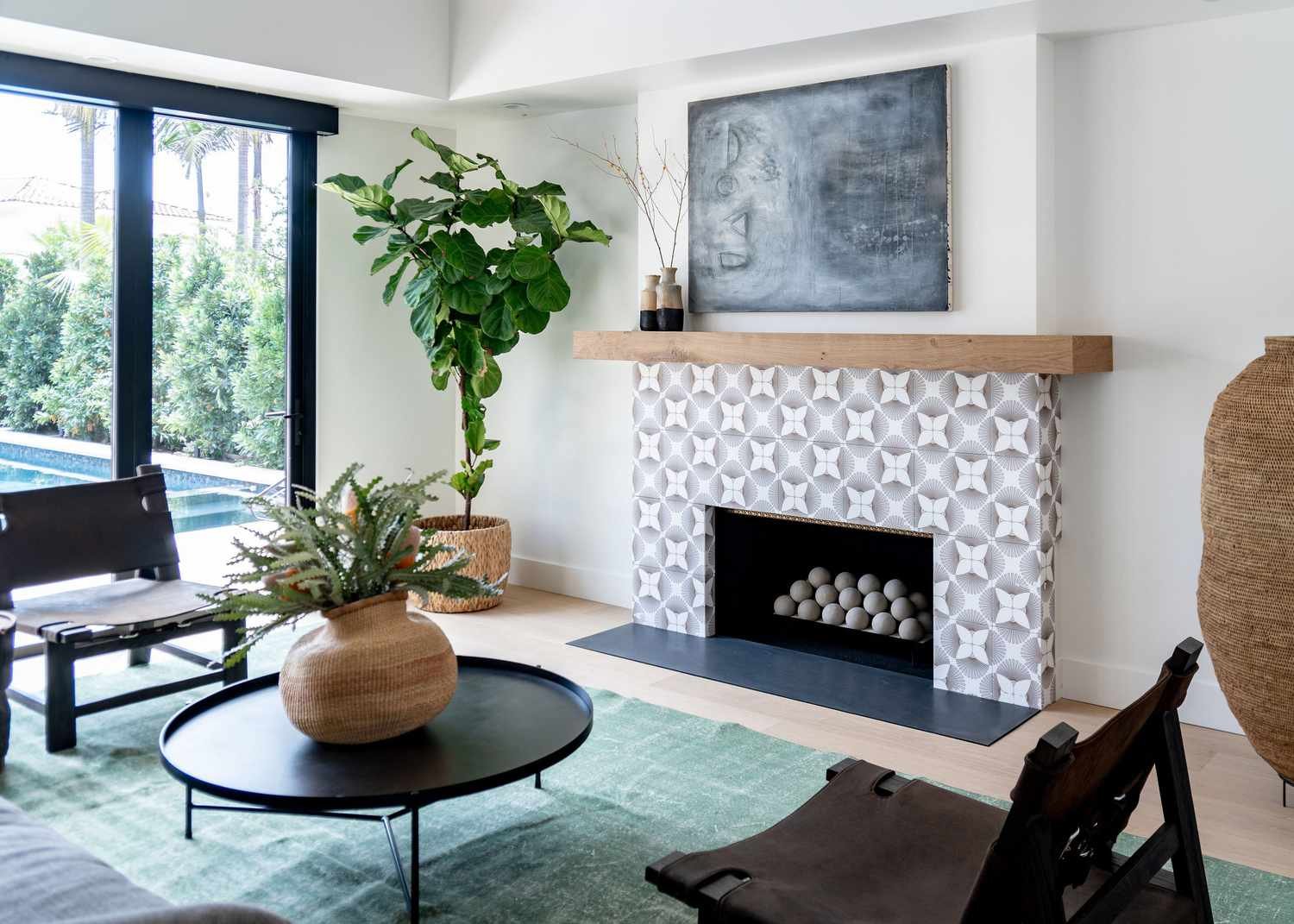 Mid century modern living room with green and neutrals.