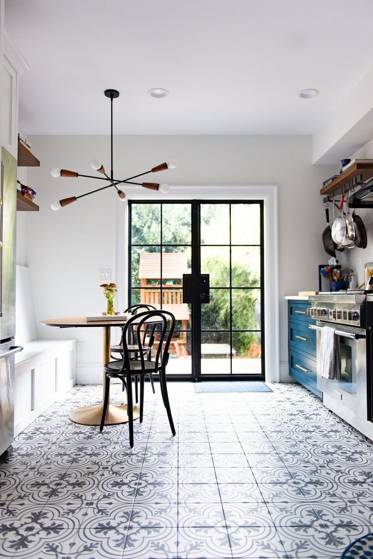 Mid century modern kitchen in blue and white.