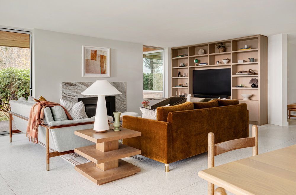 Mid century modern living room with white and brown colors.