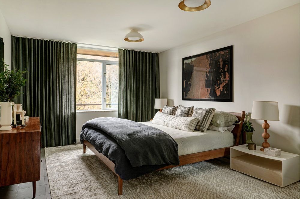 Mid century modern bedroom with olive green and teak.