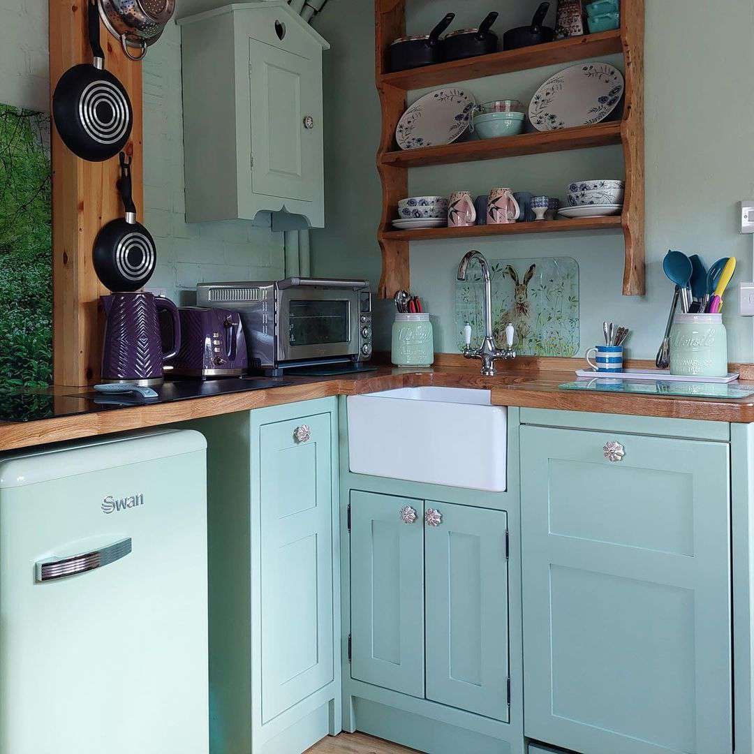 blue painted cabinets