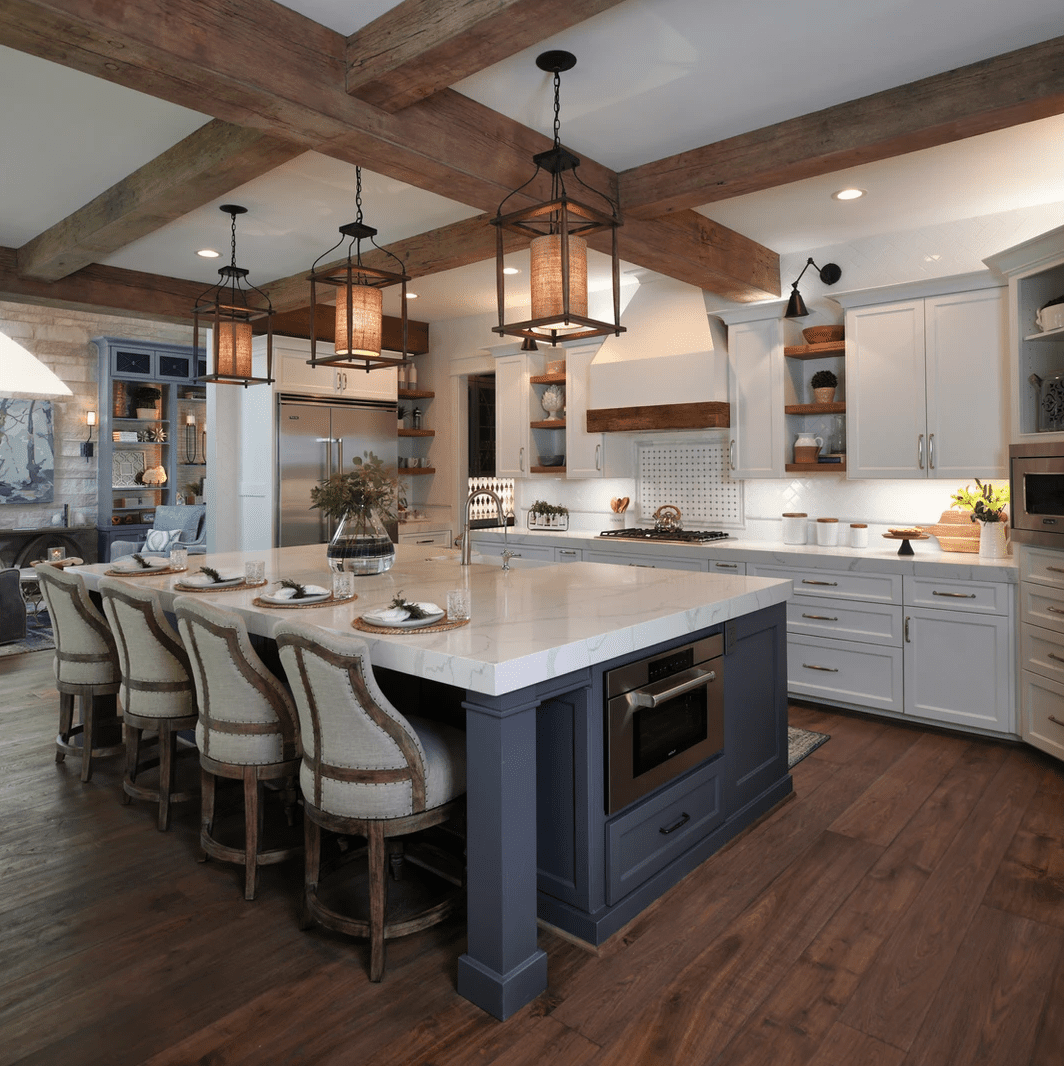 white cabinetry and wood shelves