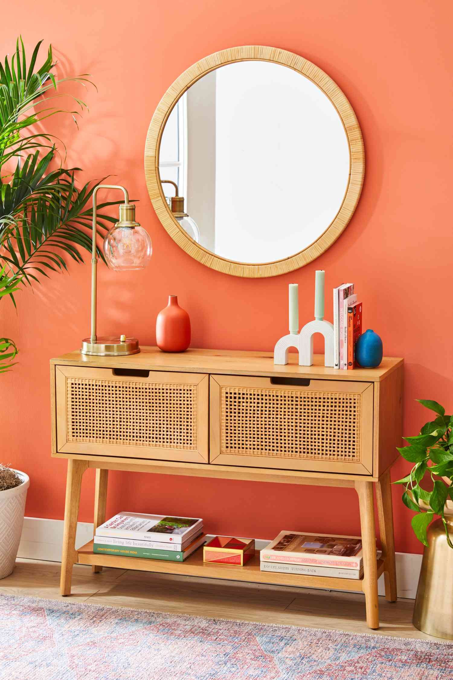 Coral wall paint in an entryway interior