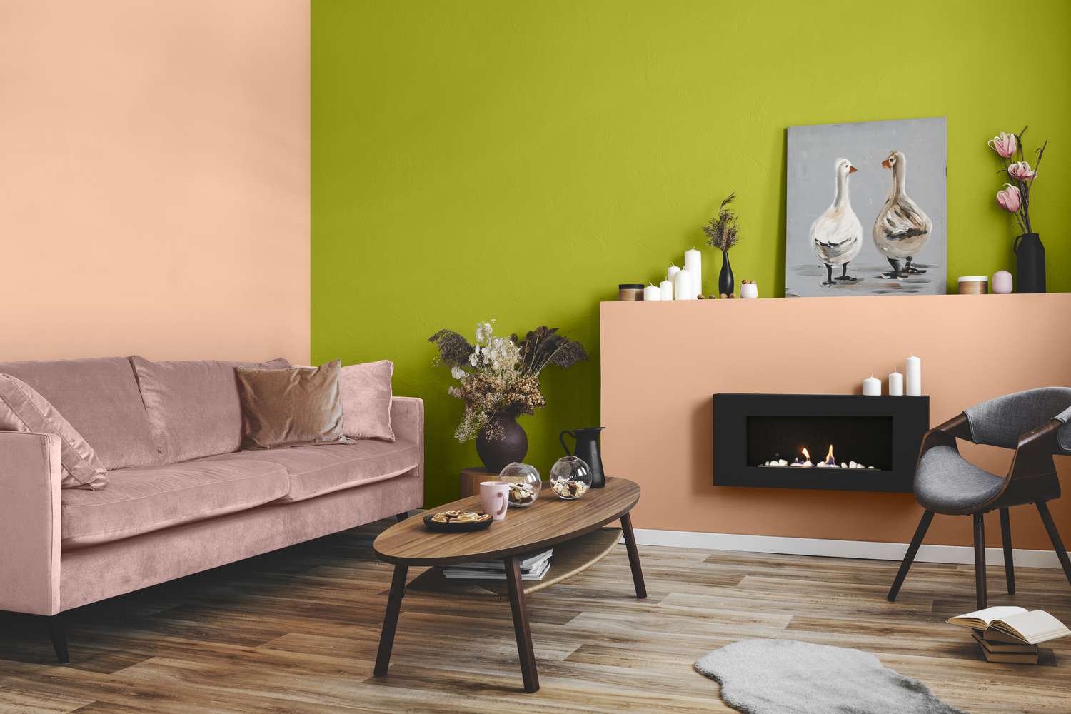 Coral paint color in a living room. 