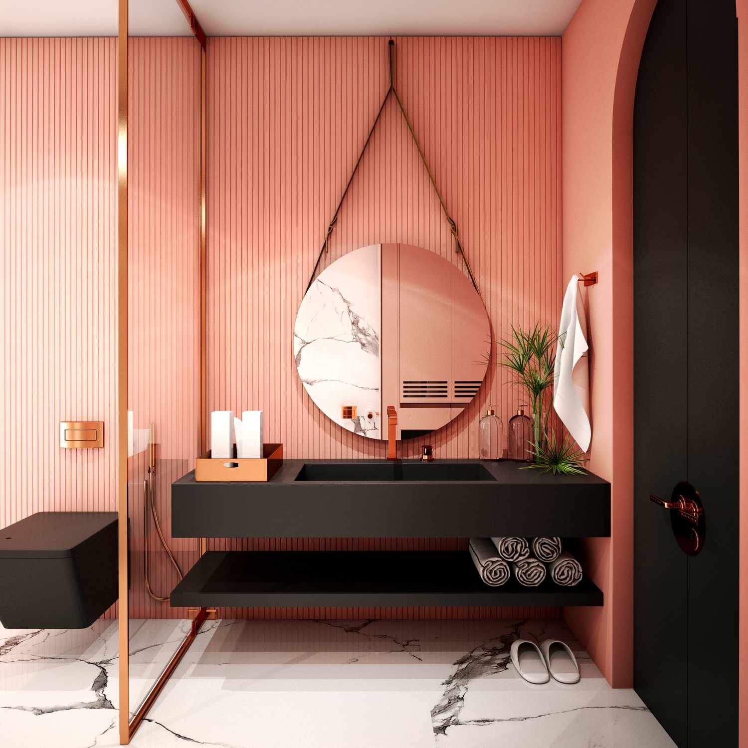 Coral paint color in a modern bathroom. 