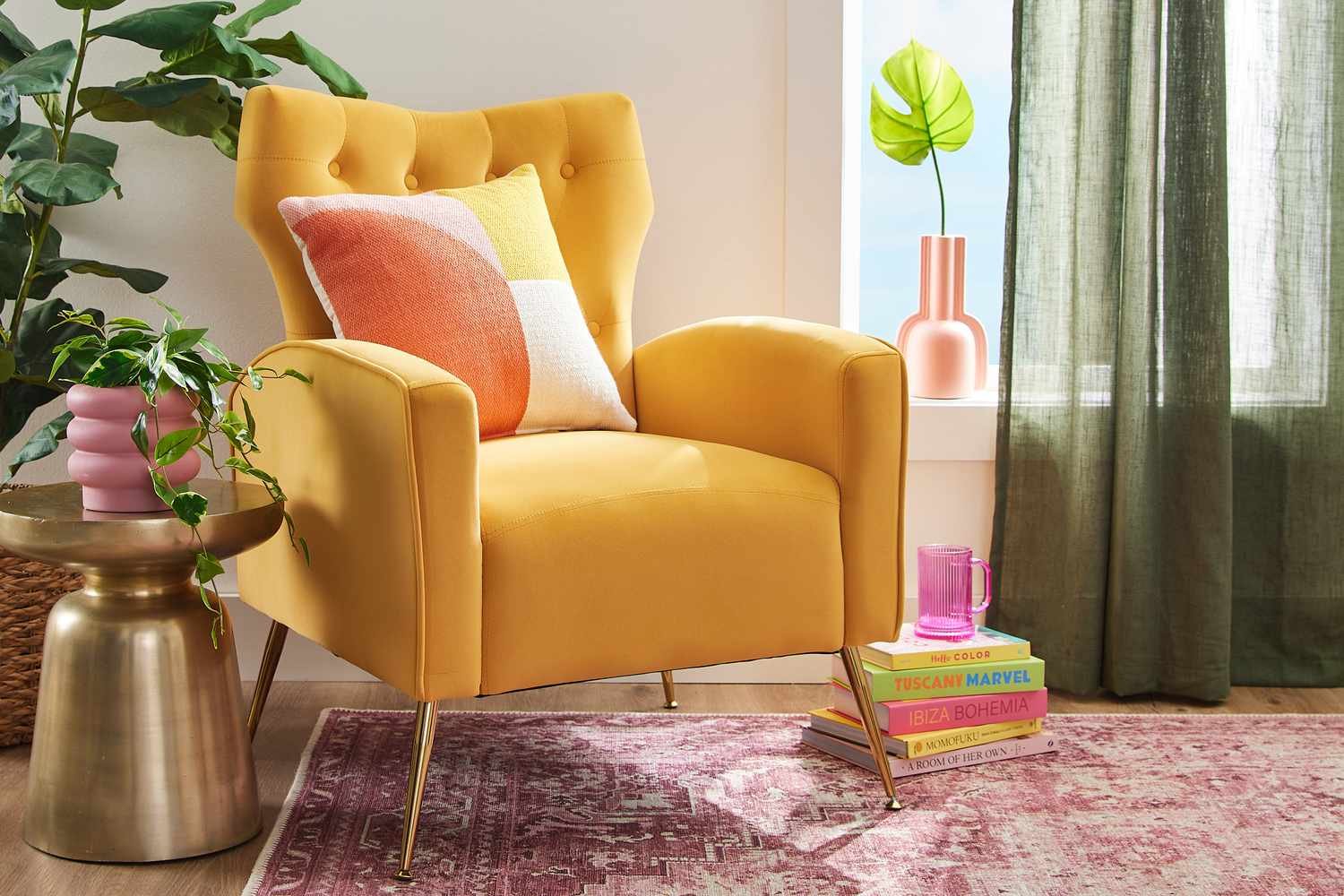 Yellow wingback chair in living room