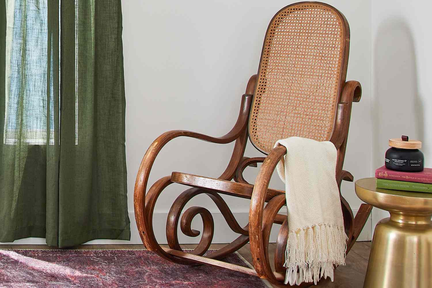 Cane rocking chair in living room corner