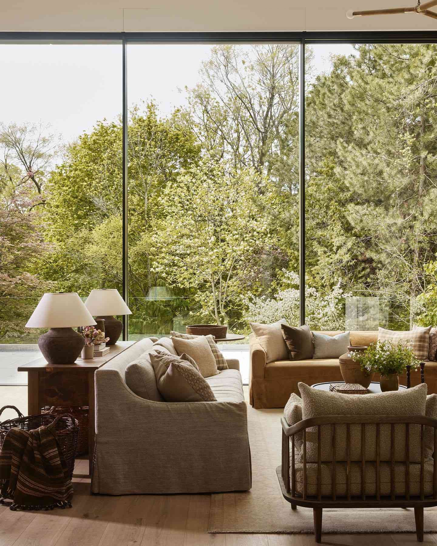 neutral living room with sage green natural decor