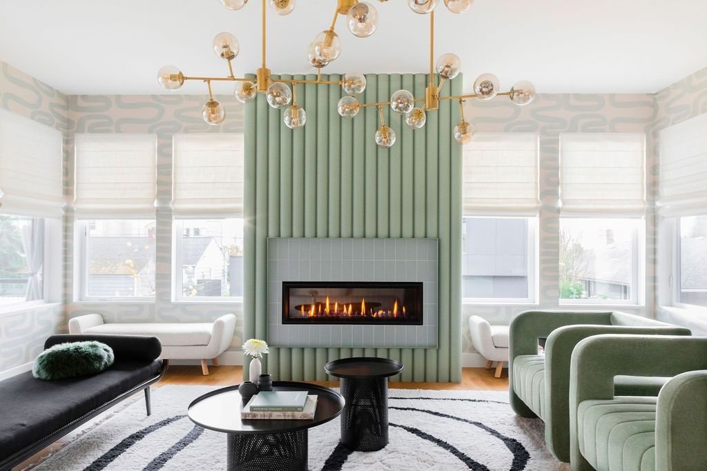 sage green fireplace with matching seating