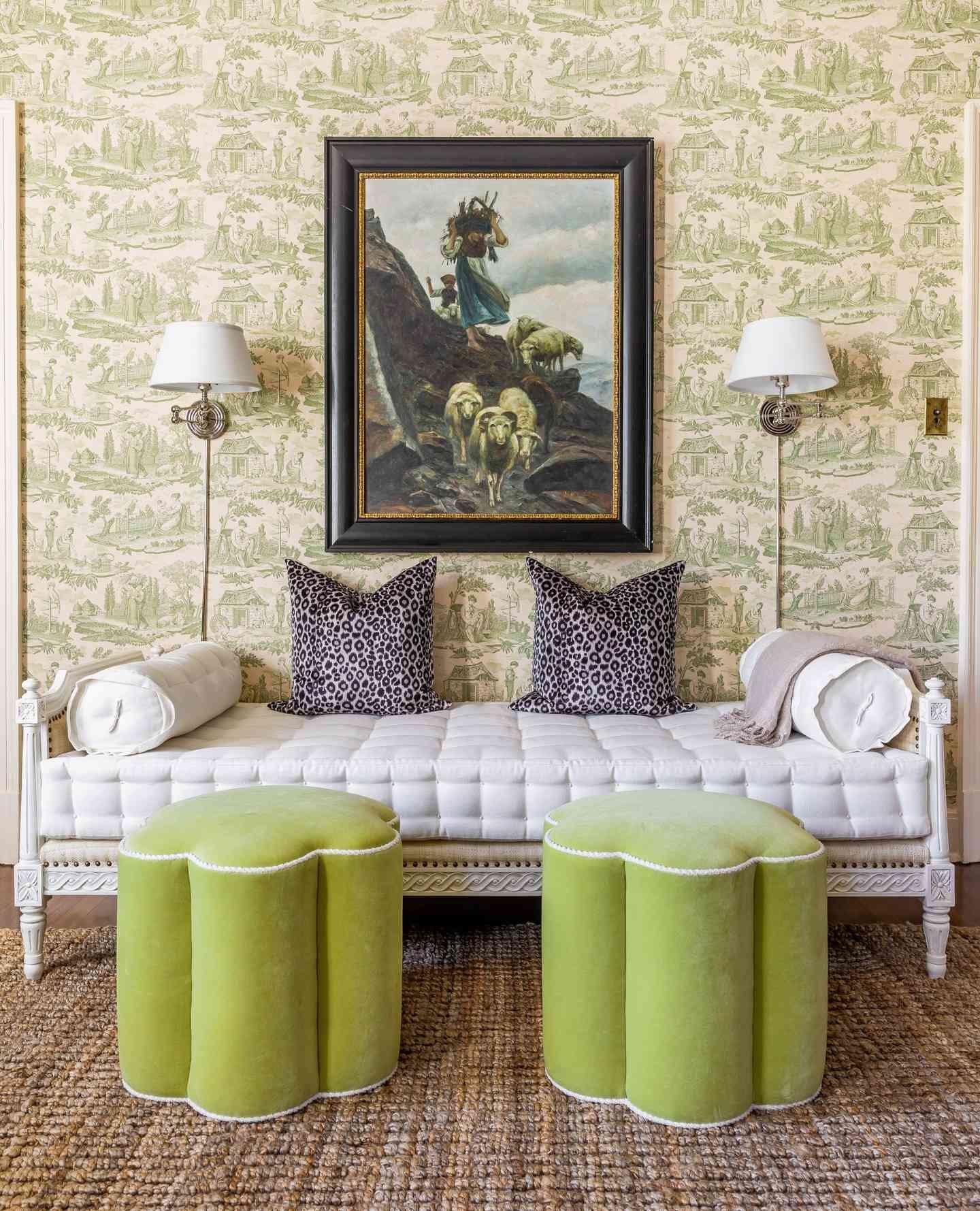 sage green and neutral wallpaper with seating stools
