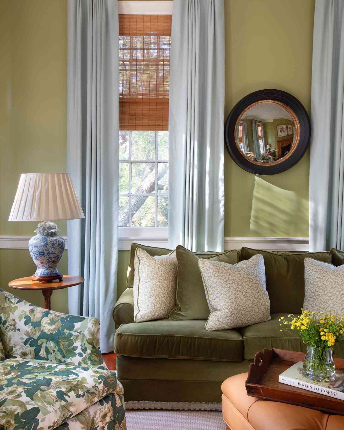 mustard toned sage green living room