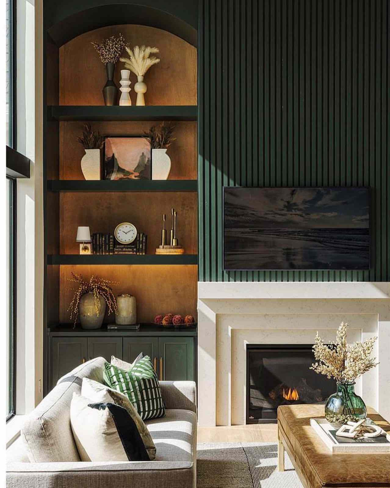 sage green living room beadboard wall