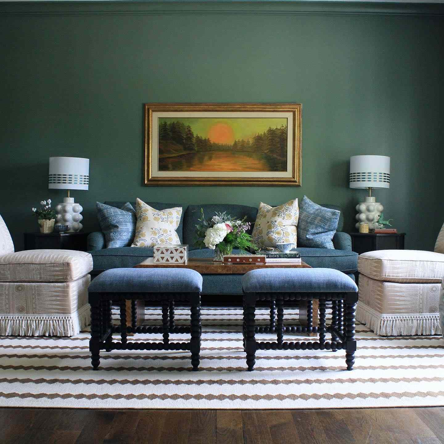 blue-green living room with blue furniture