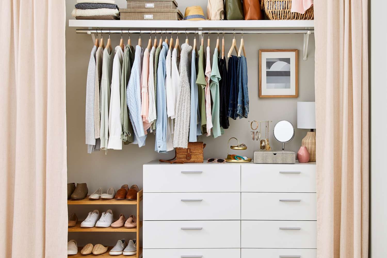 neutral colored curtains on closet