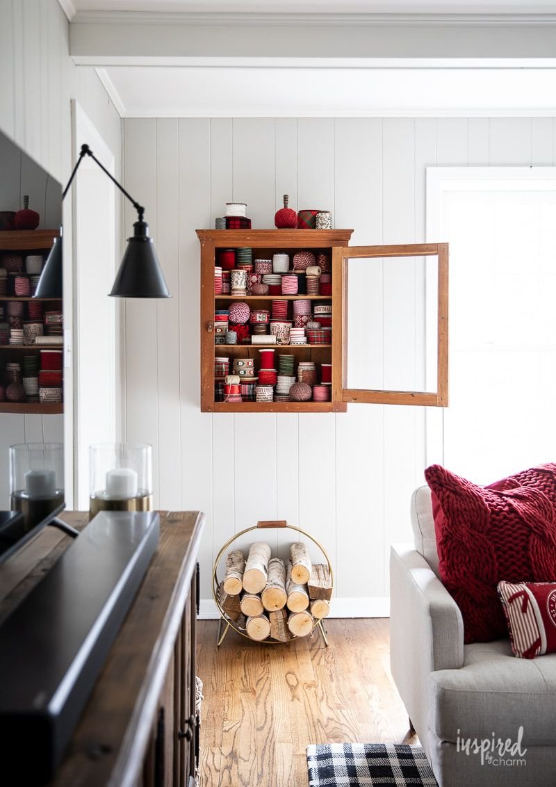 vintage christmas ribbon display cabinet