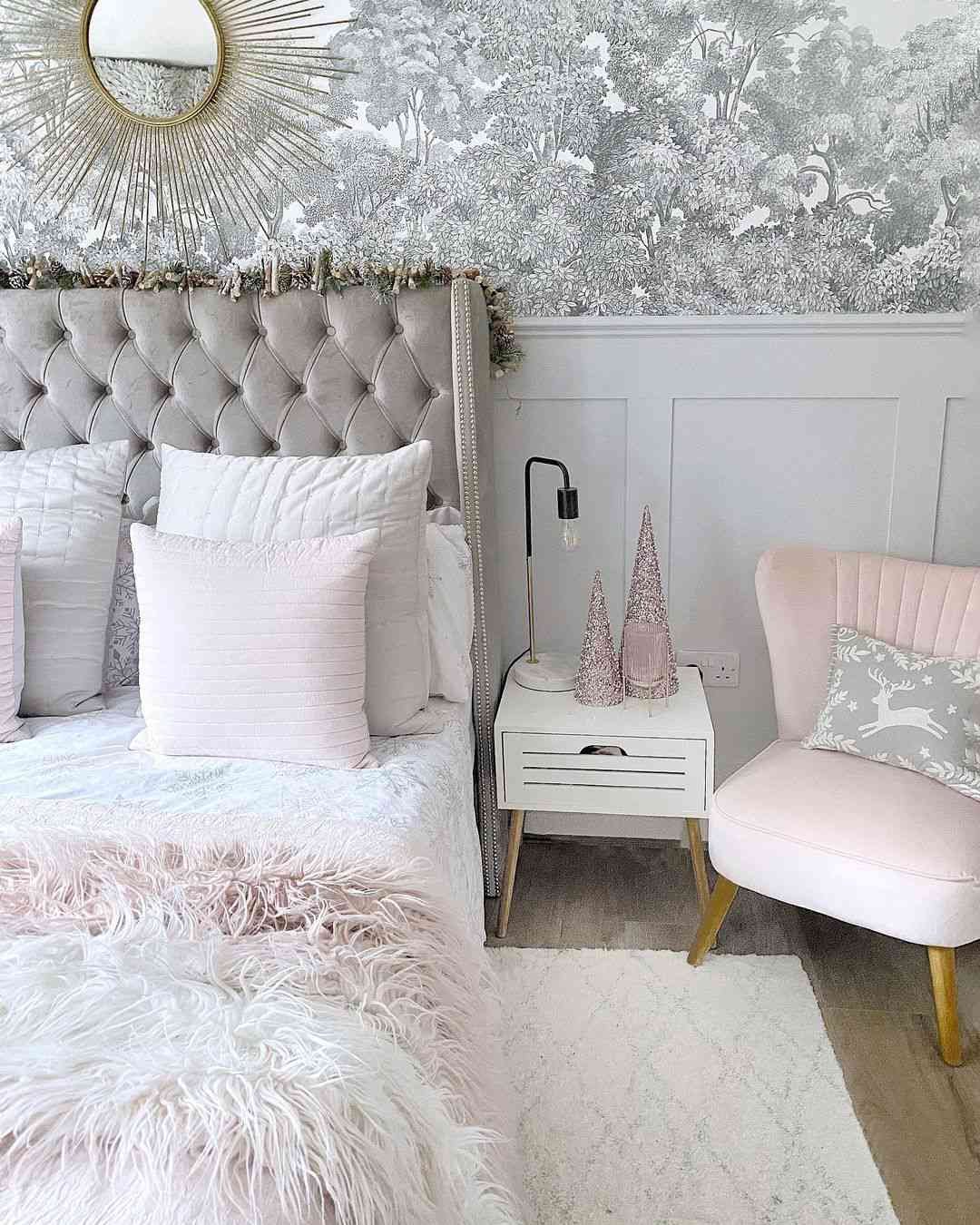 pink and gray christmas bedroom decor