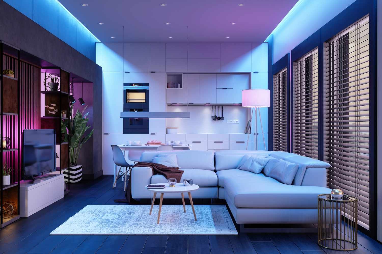living room with colored LED smart lighting