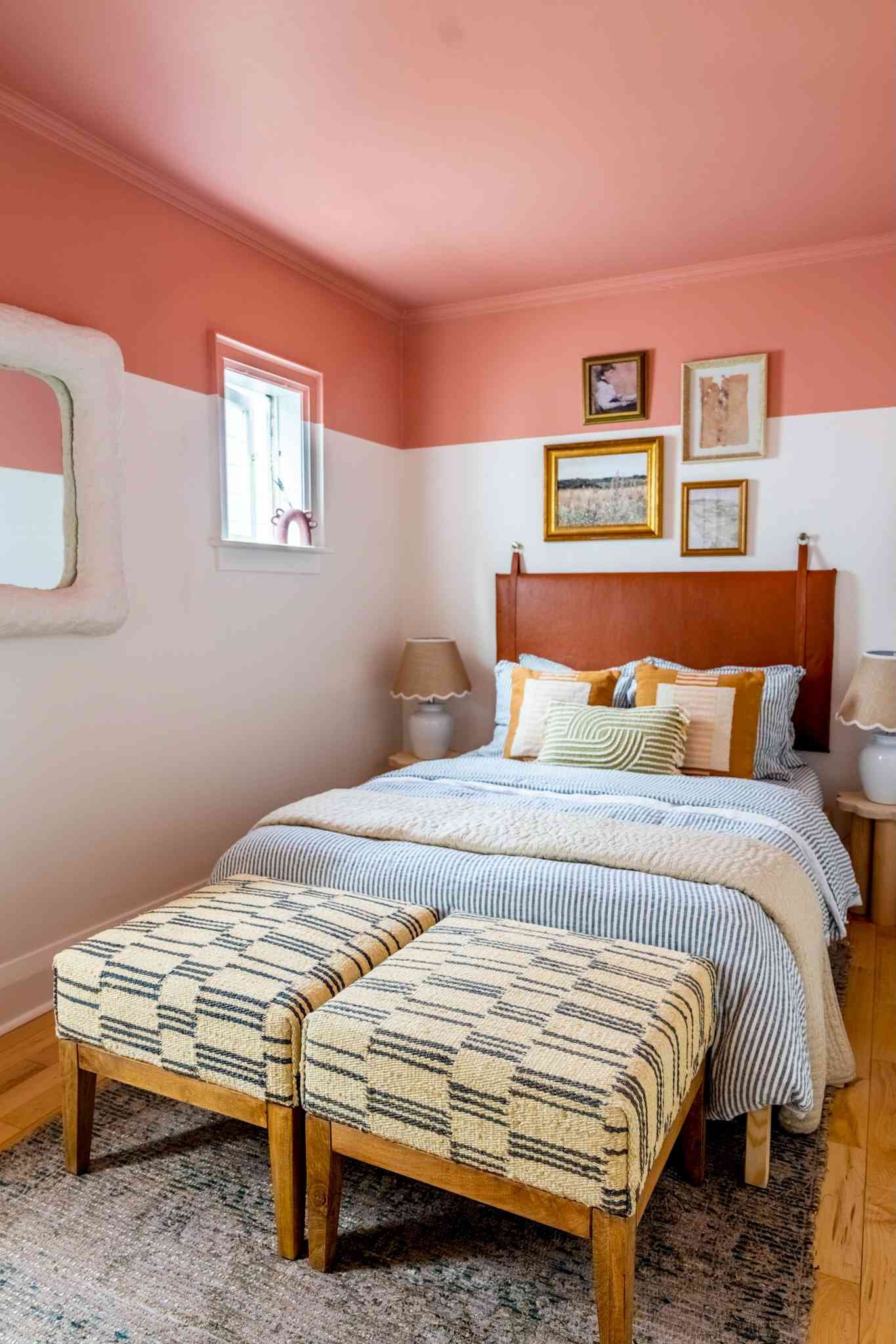 Coral color in a bedroom on the ceiling.
