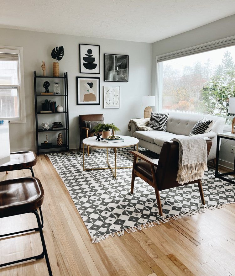 Mid-century modern living room in black and white,