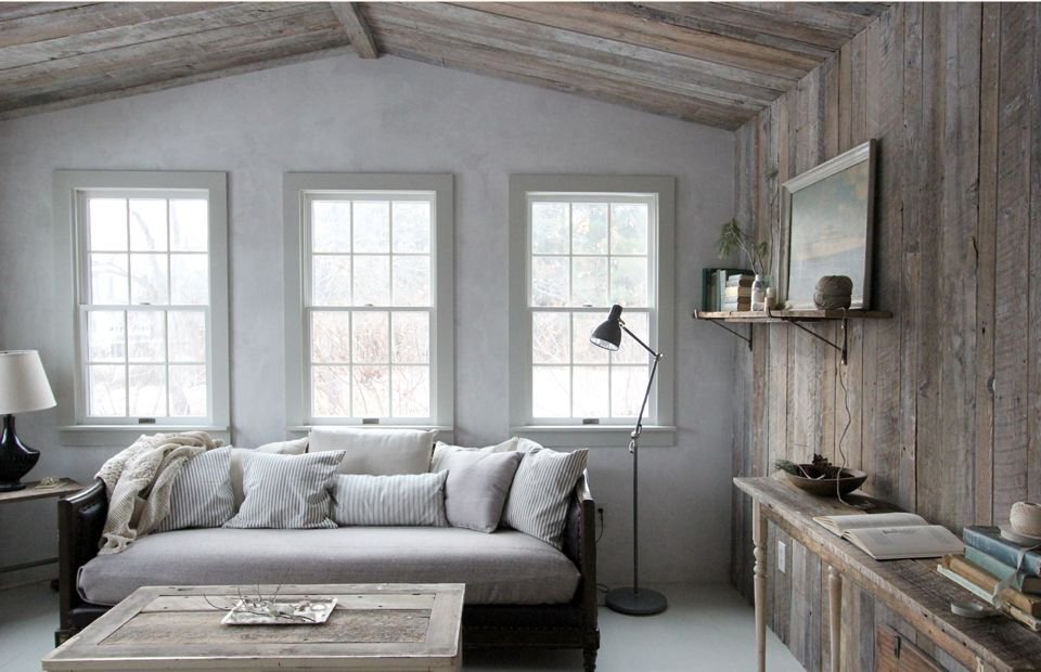 Living room with wooden walls