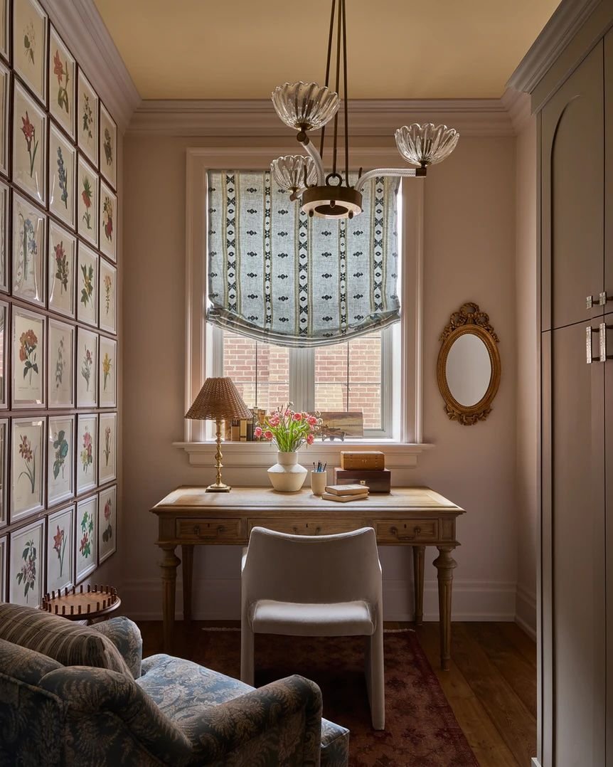 Rattan table lamp in a vintage-inspired home office