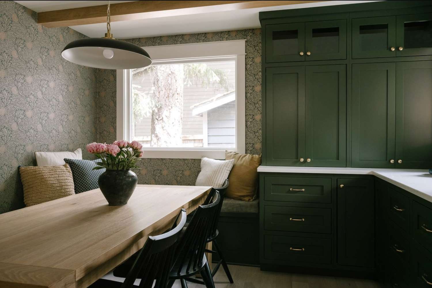 cottage kitchen with floral wallpaper