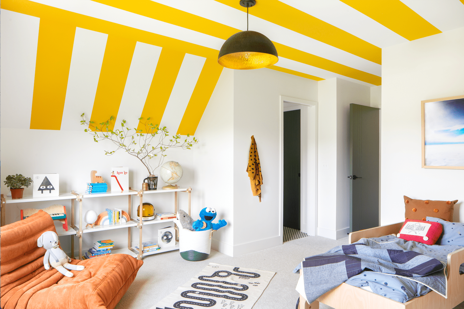 kid's room with yellow stripes