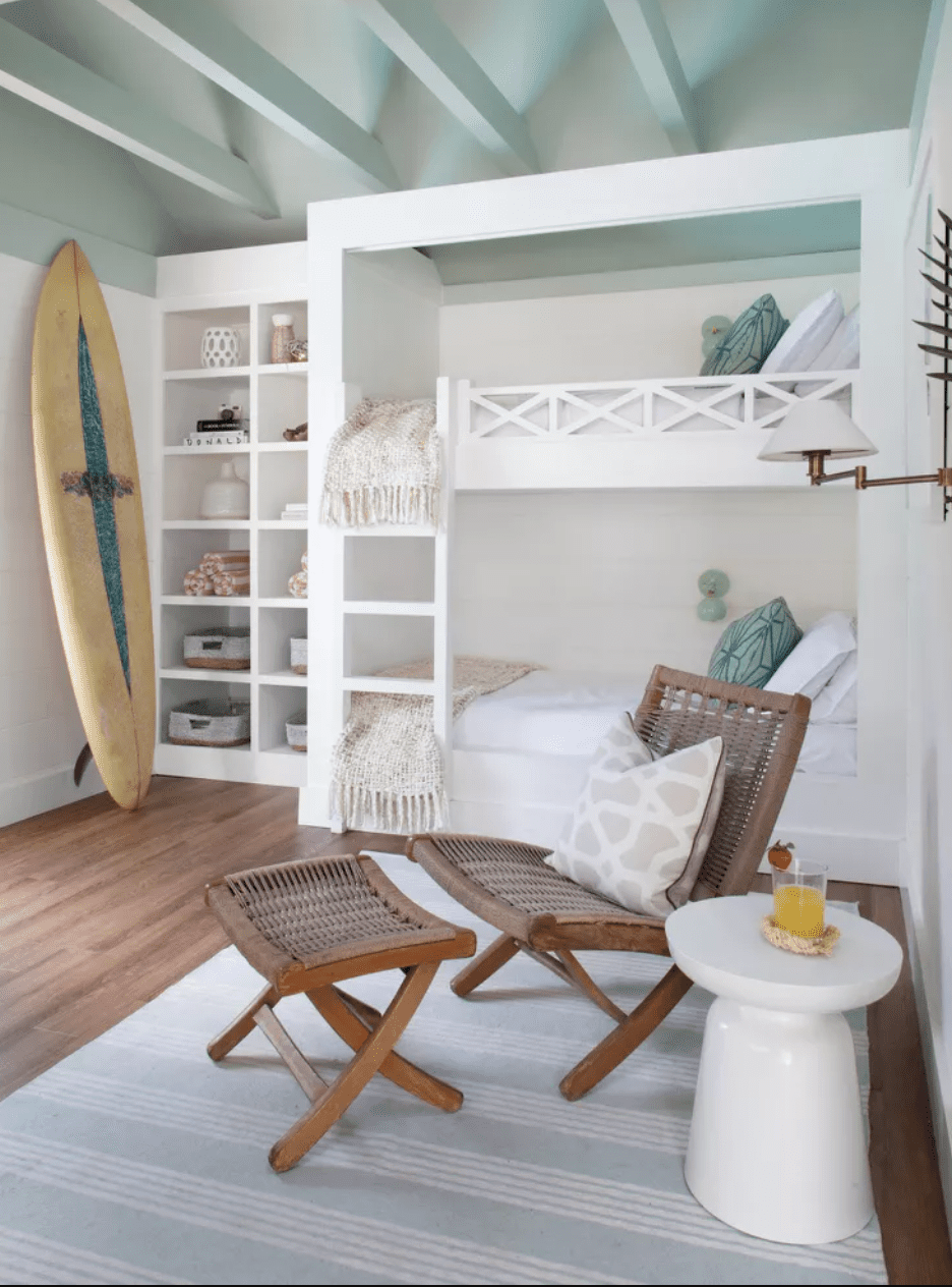 bunk room with blue and white