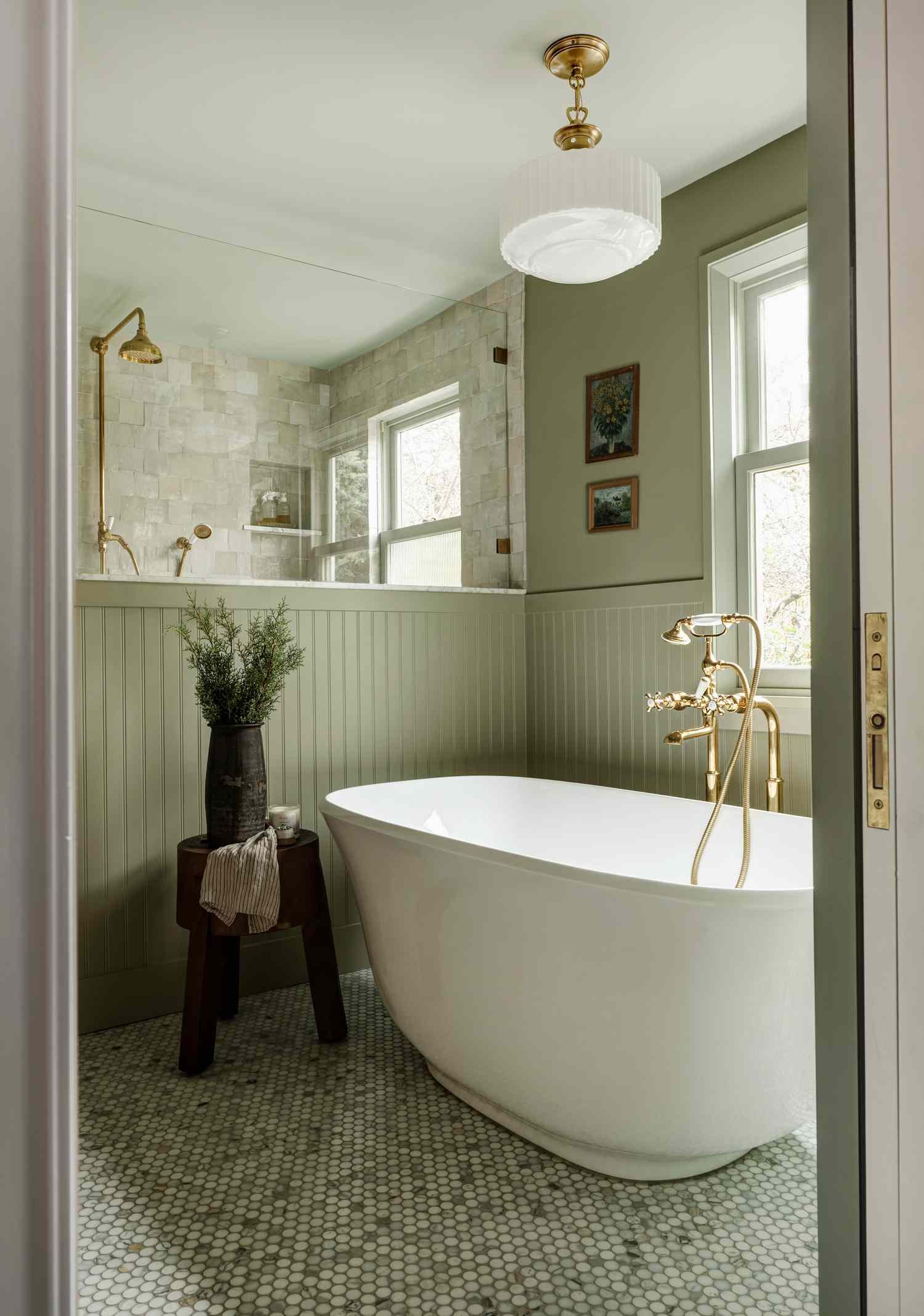 green bathroom with hexagonal tile