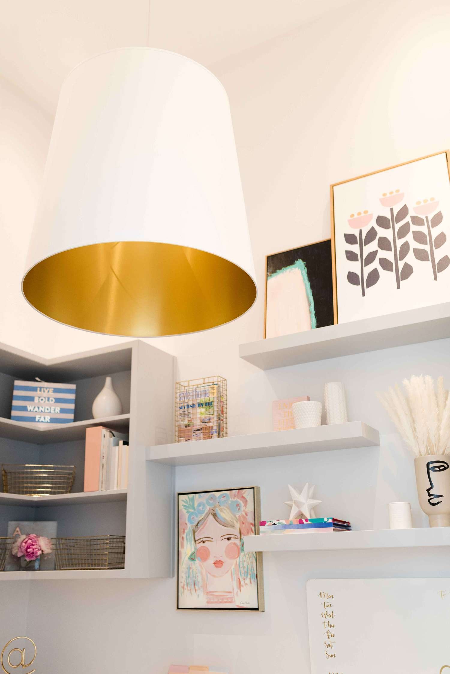 shelves scattered above desk