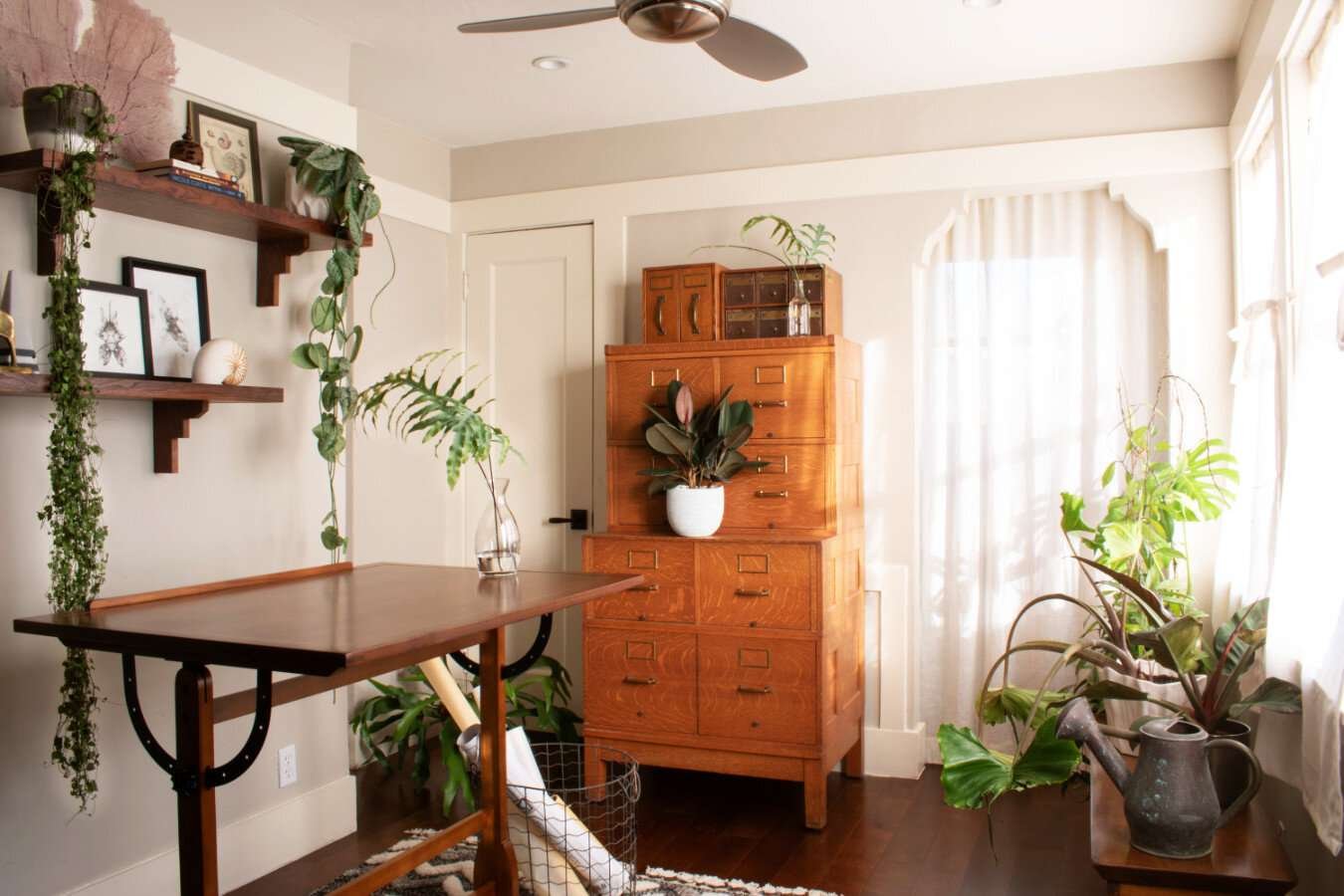wooden shelves above desk
