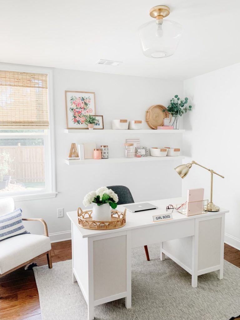 shelves behind desk