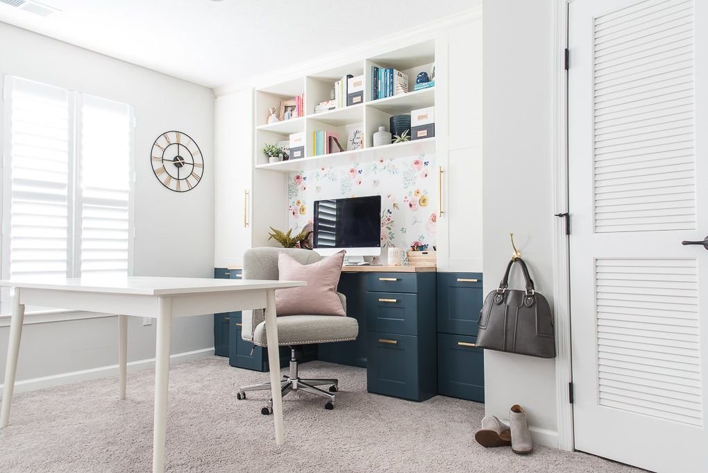 wallpapered shelves