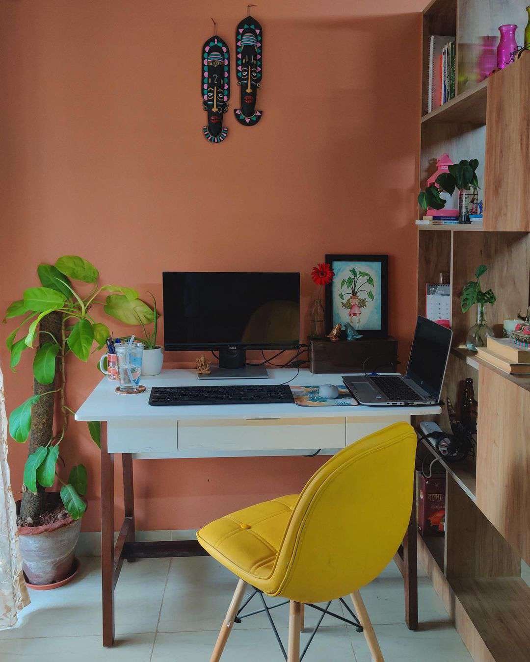 bookshelves next to desk